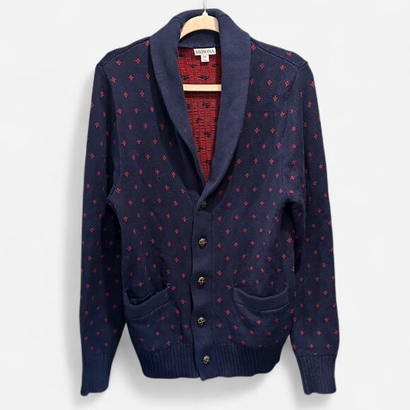 Merona 100% Cotton Navy Red Polka Dot Heritage Preppy Shawl Collar Cardigan - Picture 2 of 10